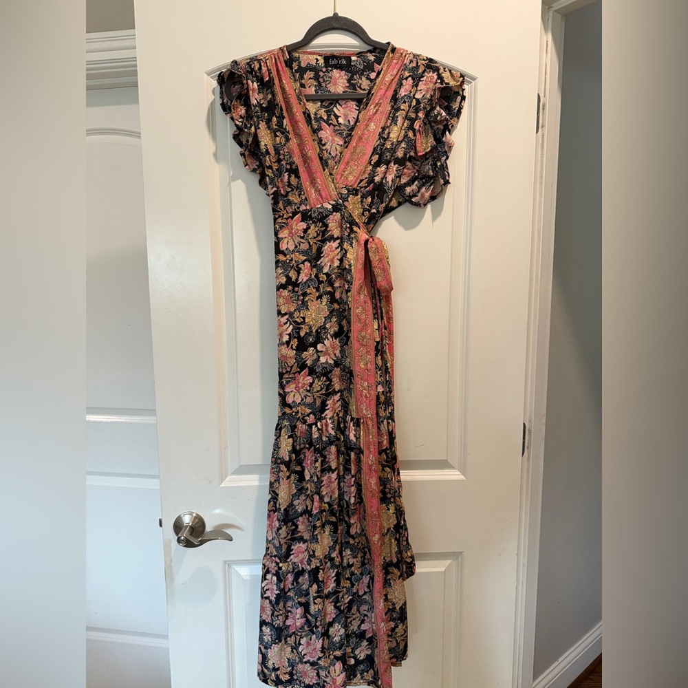 Fabrik Floral Wrap sleeveless Maxi Dress with Pink Accents size Small